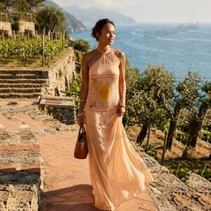 NWT Apricot Halterneck Chiffon Tuscan Sun Print Loose Fit Maxi Dress Sz M